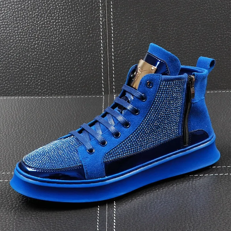 Men High Top Gold Glitter Sneakers Lace Up Crystal Platform Blue Flats Gold Shoes Man krasovki Bling Silver Snickers Shoes
