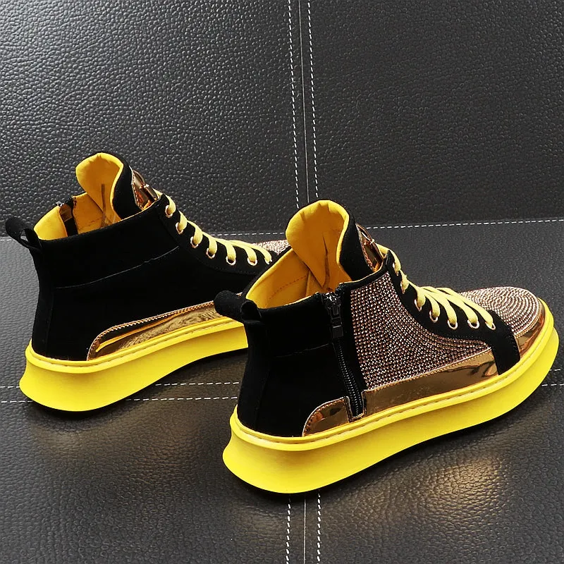 Men High Top Gold Glitter Sneakers Lace Up Crystal Platform Blue Flats Gold Shoes Man krasovki Bling Silver Snickers Shoes